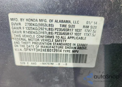 2014 Honda Pilot Lx z USA, uszkodzony, nr VIN 5FNYF3H24EB012914